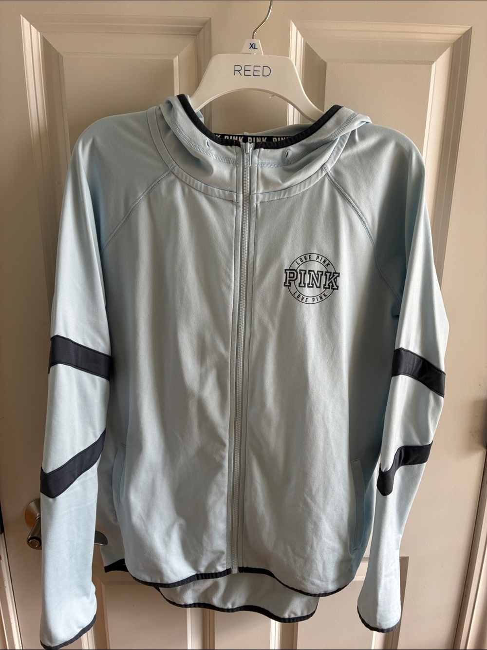 PINK Light Blue Zip-Up Hoodie with Gray Accents